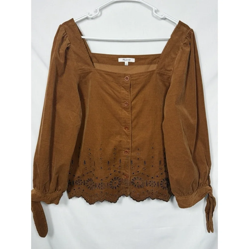 Madewell Corduroy Eyelet Embroidered Tie Sleeve Blouse Brown L Cottagecore